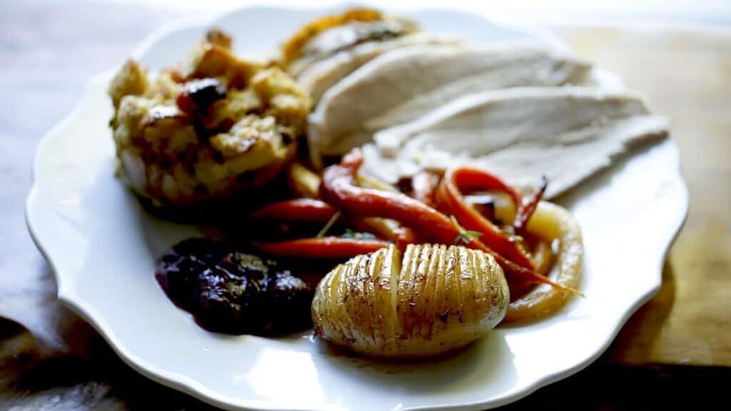 White Plate full of a Thanksgiving Dinner