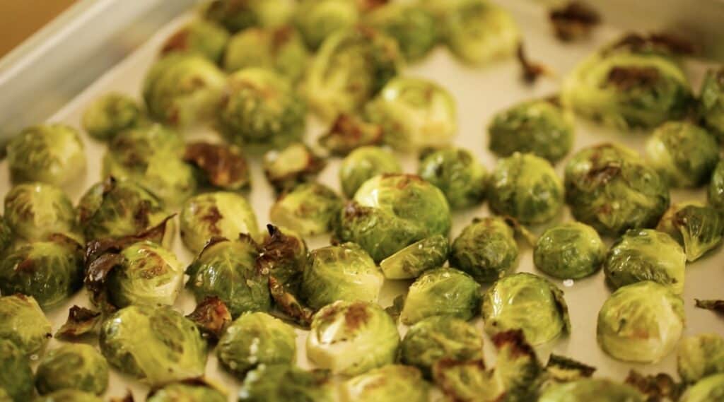 carmelized brussle sprouts on a sheet pan 