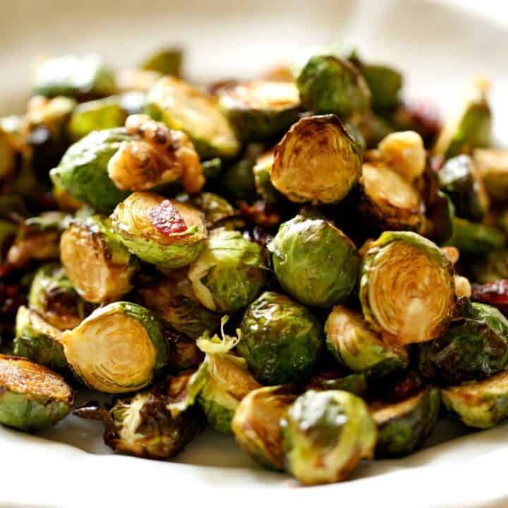 Air Fryer Brussel Sprouts on a white platter