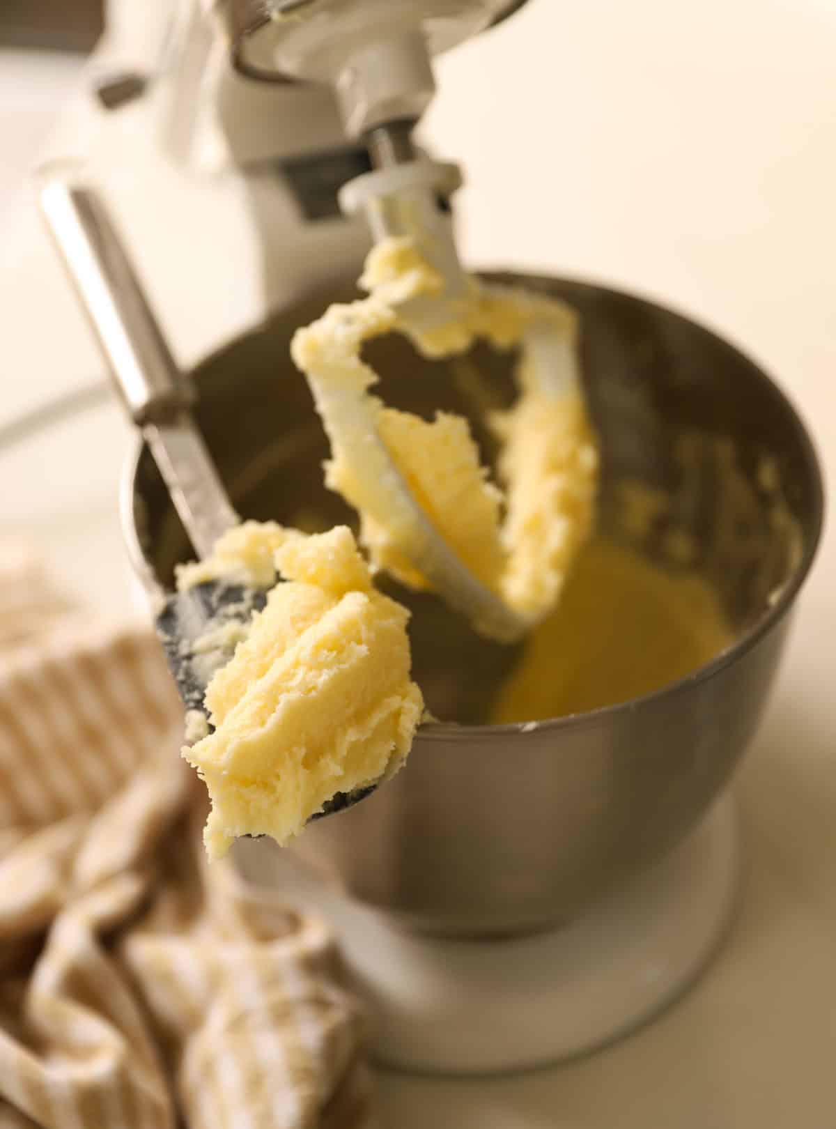 Butter and sugar beaten together in a stand mixer with a paddle attachment.