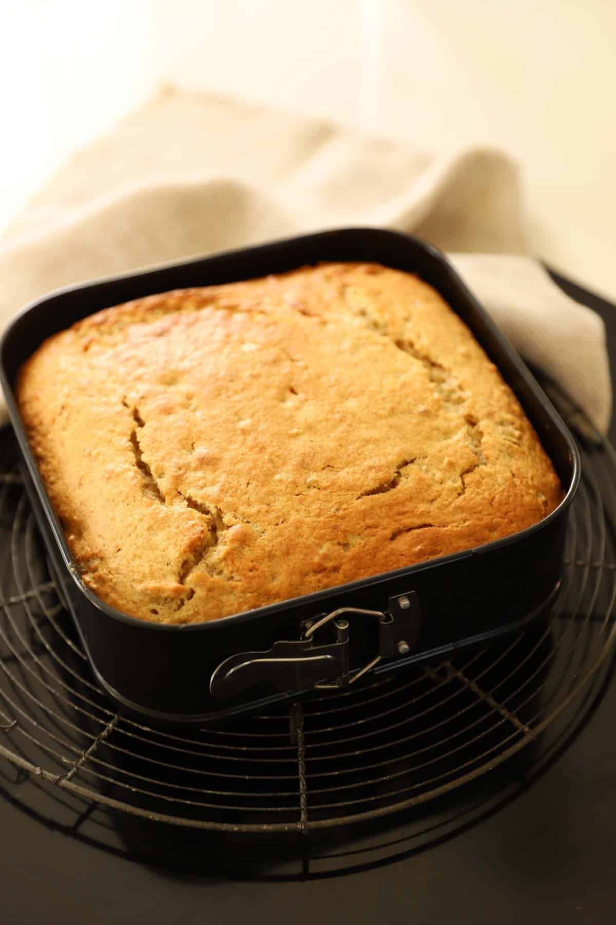 A banana cake cooling in a springform pan.