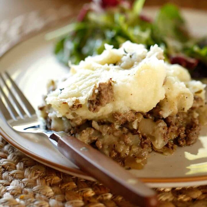 A portion of ground beef and mashed potato casserole