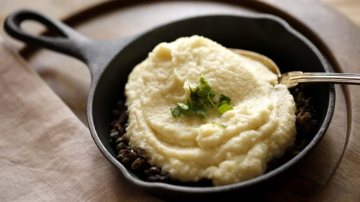 Vegan Hachis Parmentier in a cast iron skillet