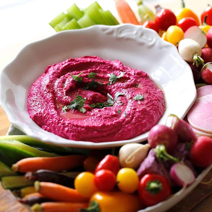 Beet hummus and veggie platter