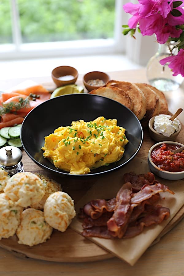 Verticak Image of a Breakfast Board loaded with Breakfast foods