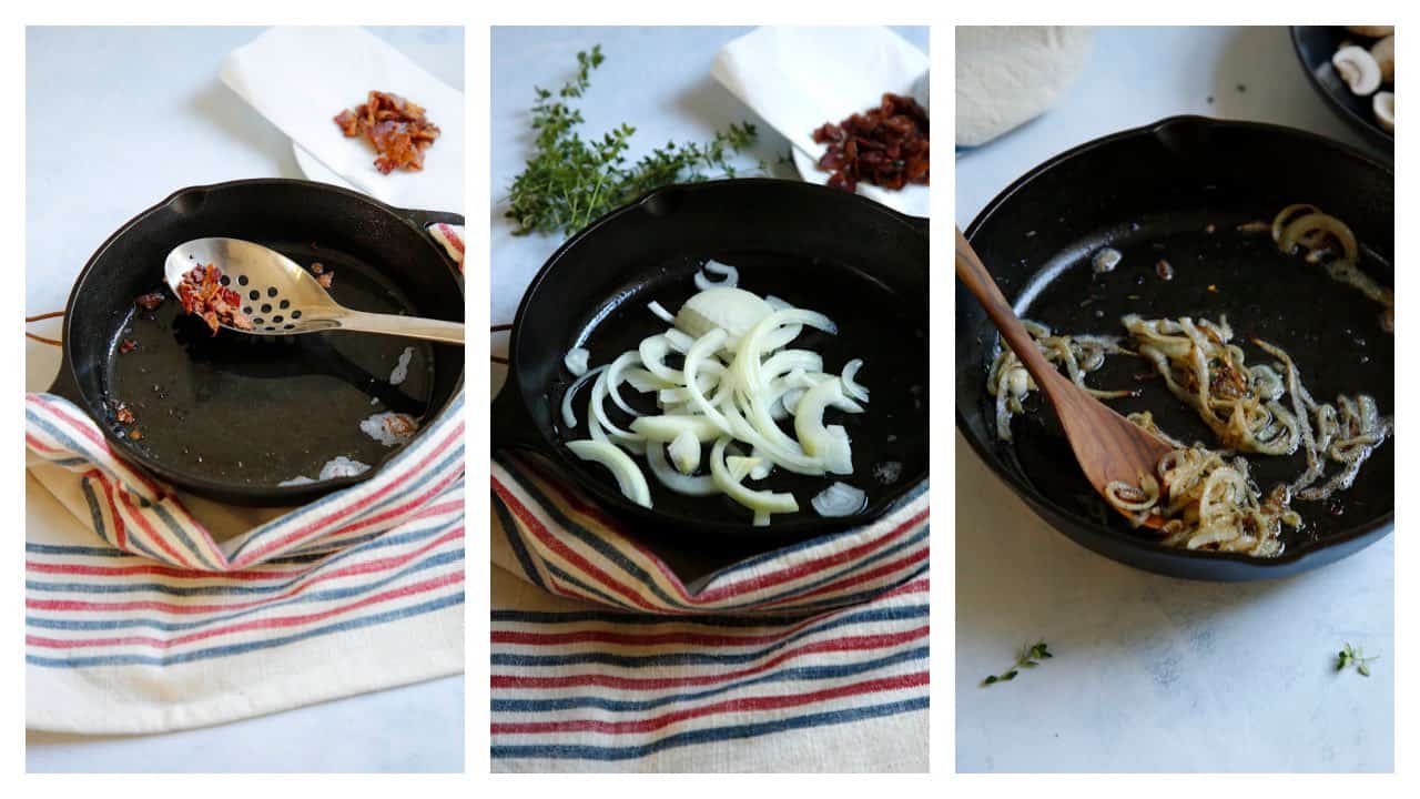 a collage of steps for sauting bacon, and cooking onions in the bacon fat