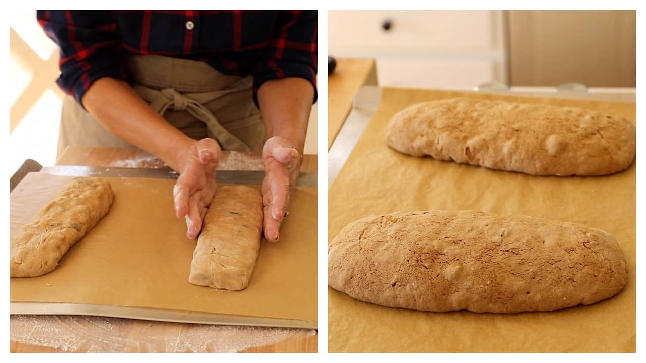 Collage of biscotti dough being formed and once baked