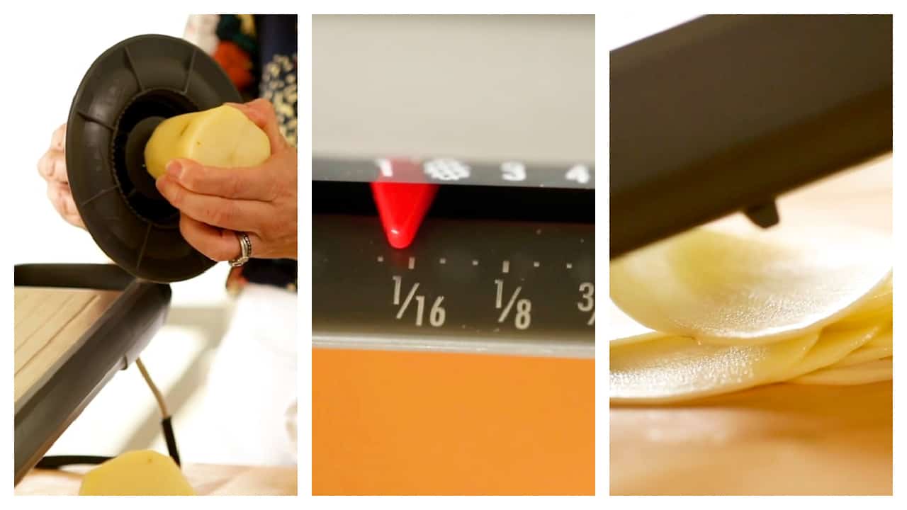 a collage of images showing slicing the potatoes in a madeleine