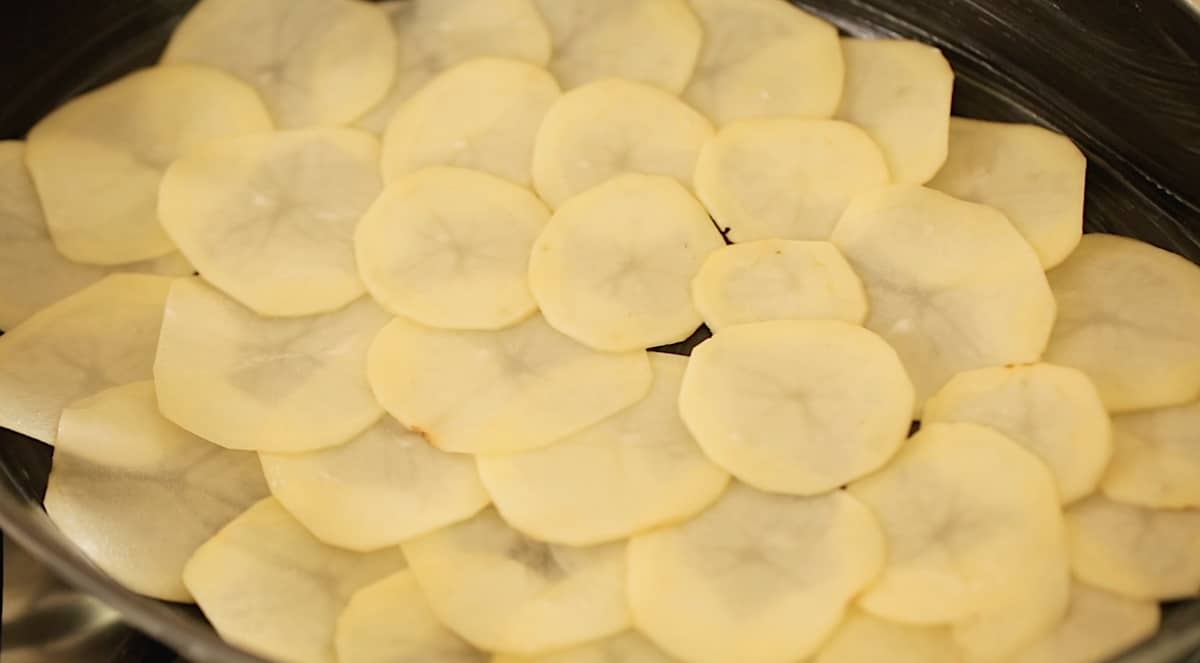 one layer of sliced potatoes in the bottom of a gratin dish