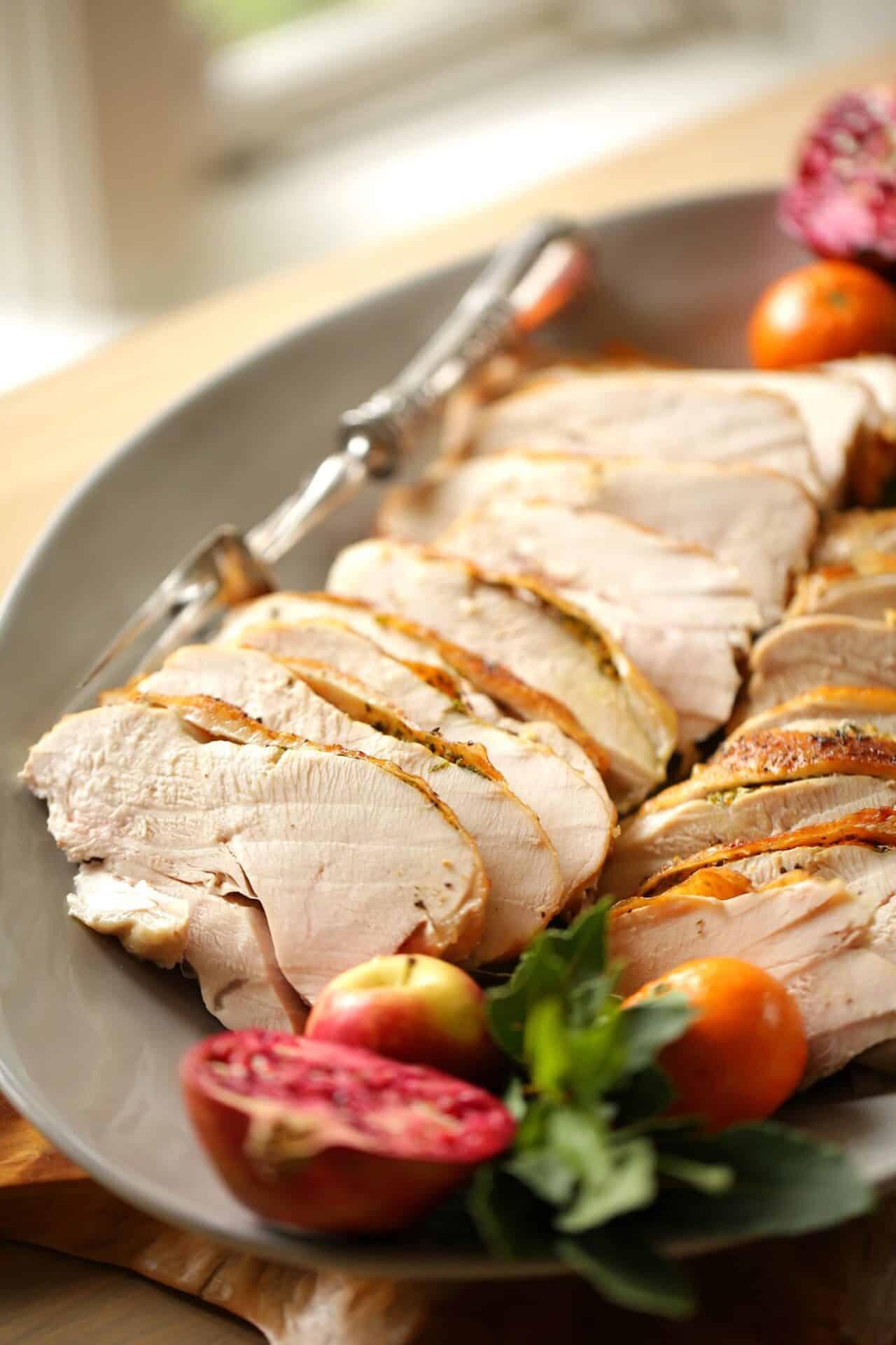 Vertical image of sliced turkey on a platter