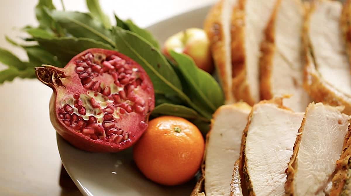 Turkey Garnishes on platter with sliced turkey