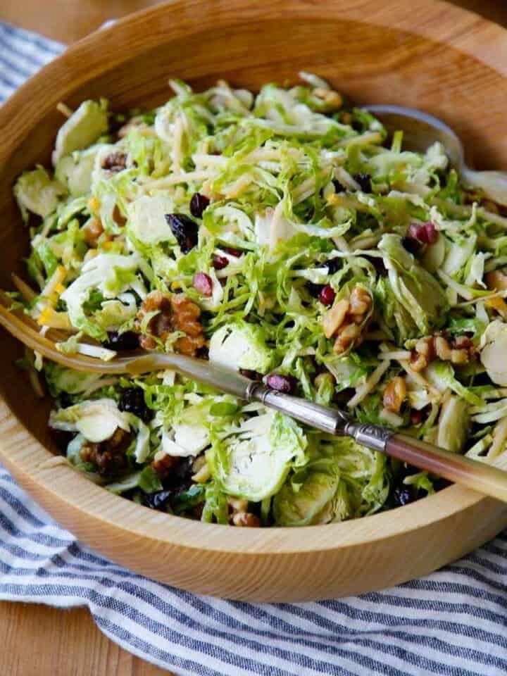 Shaved Brussels Sprout Salad in a Wooden Bowl