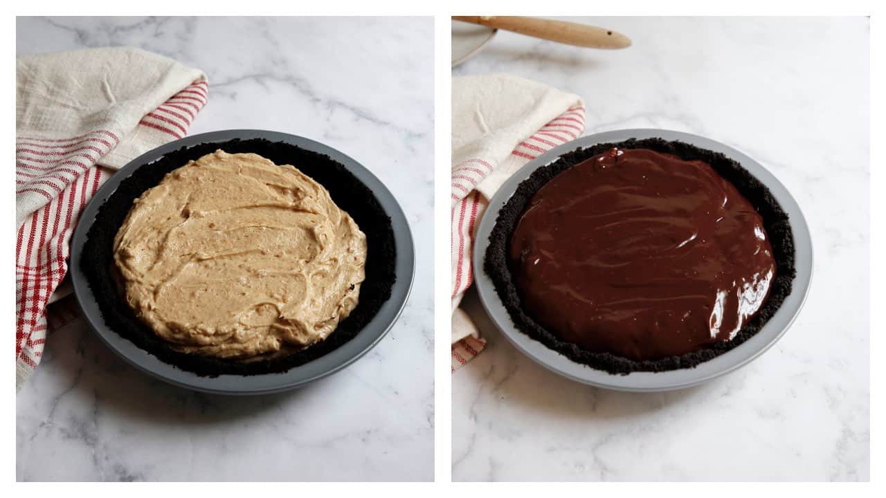 A collage showing a pie filled with peanut butter filling and then covered in chocolate ganache