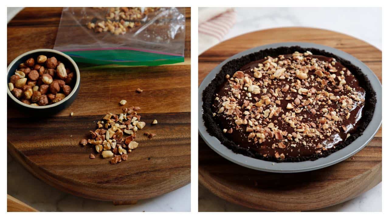 a collage of toffee peanuts crushed and placed on top of a layer of ganache