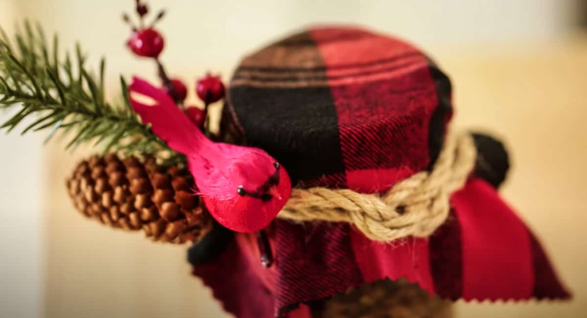The top of a decorated granola container showing a red chexck fabric, evergreen and faux bird decoration