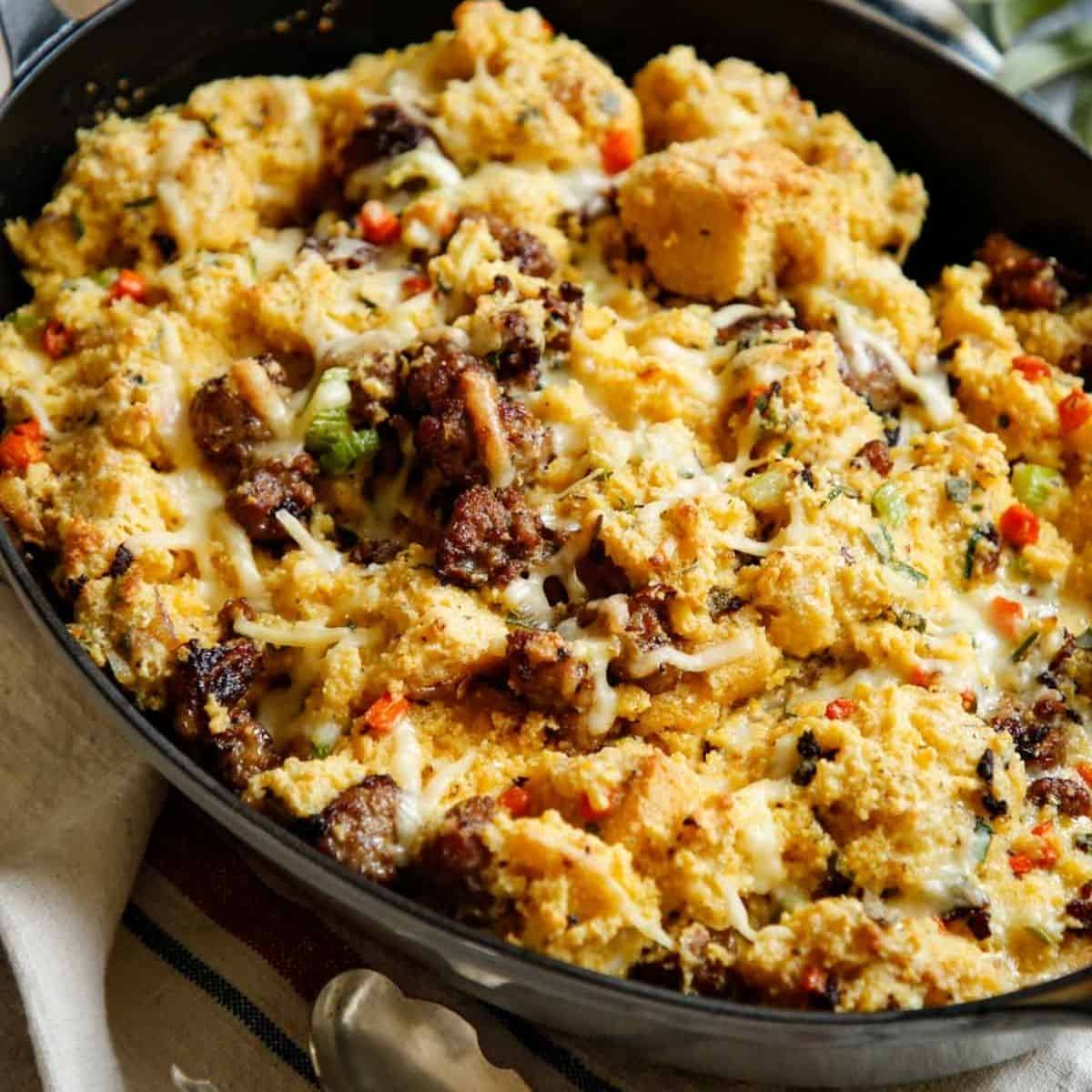 Cornbread Stuffing with Sausage in a gratin dish