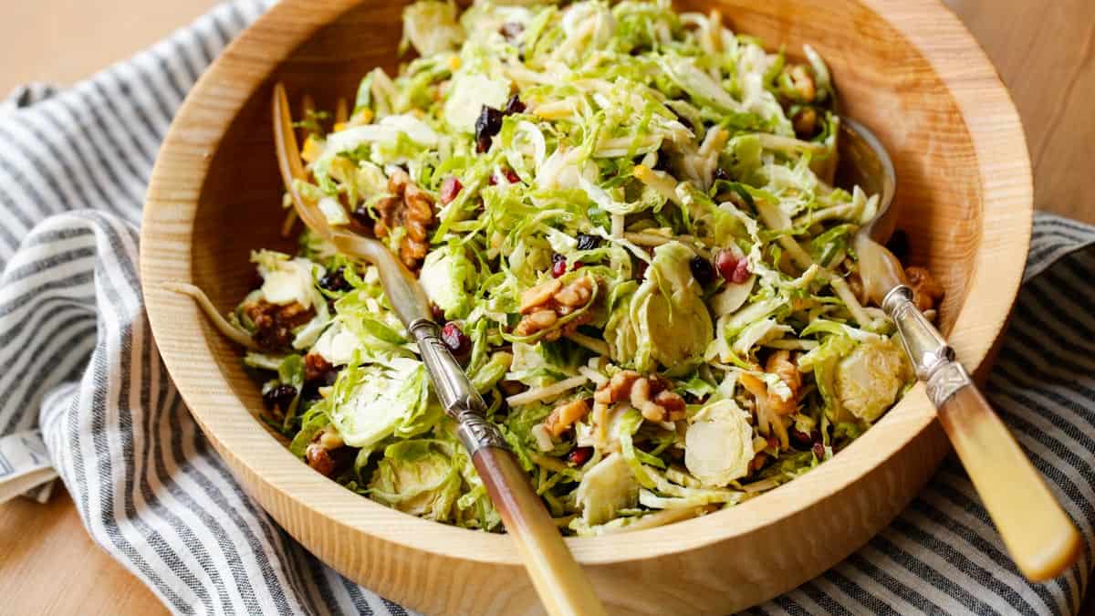 Overhead shot of salad bowl with salad in it