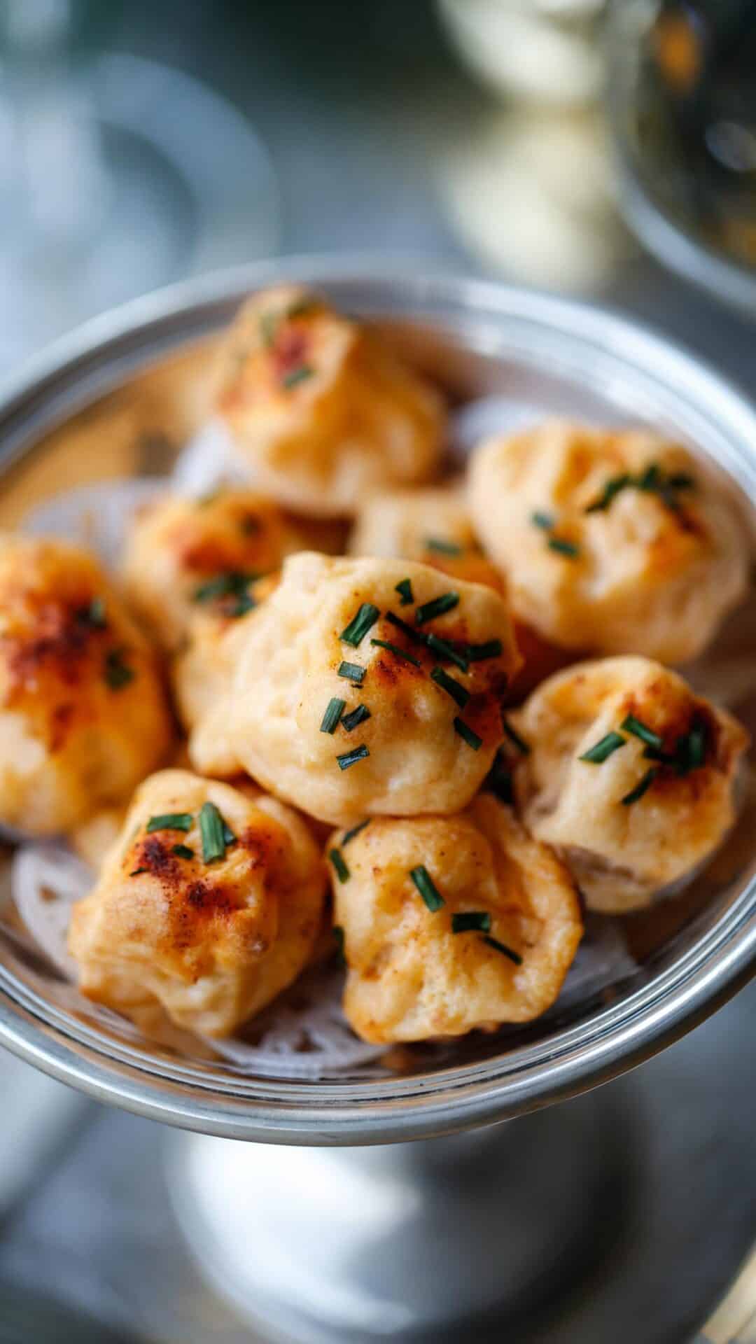 cheese puffs topped with chives and paprika