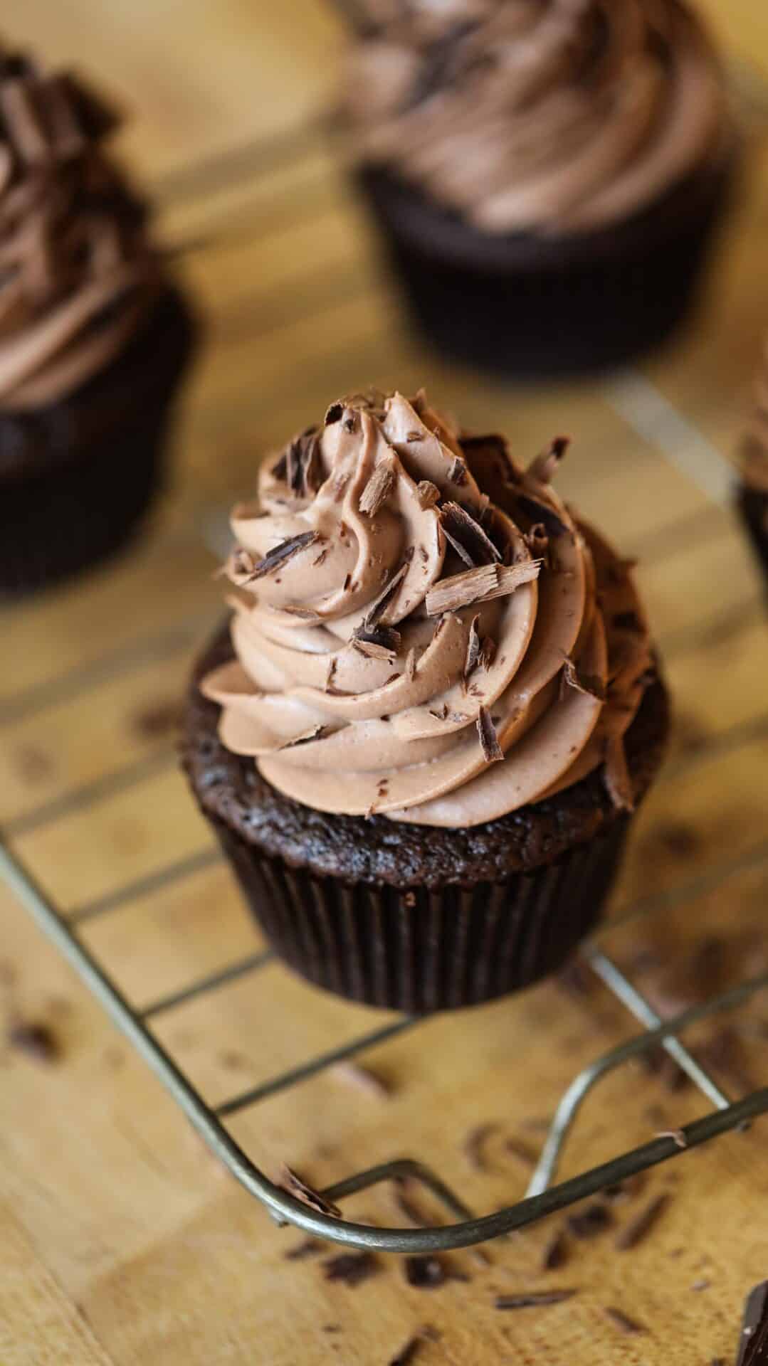 Chocolate Cupcakes with Chocolate Cream Cheese frosting garnished with chocolate curls