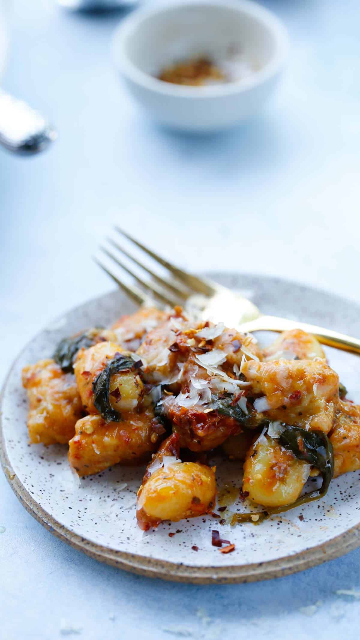 a single serving of Tuscan Chicken and Gnocchi with Parmesan Cheese on top
