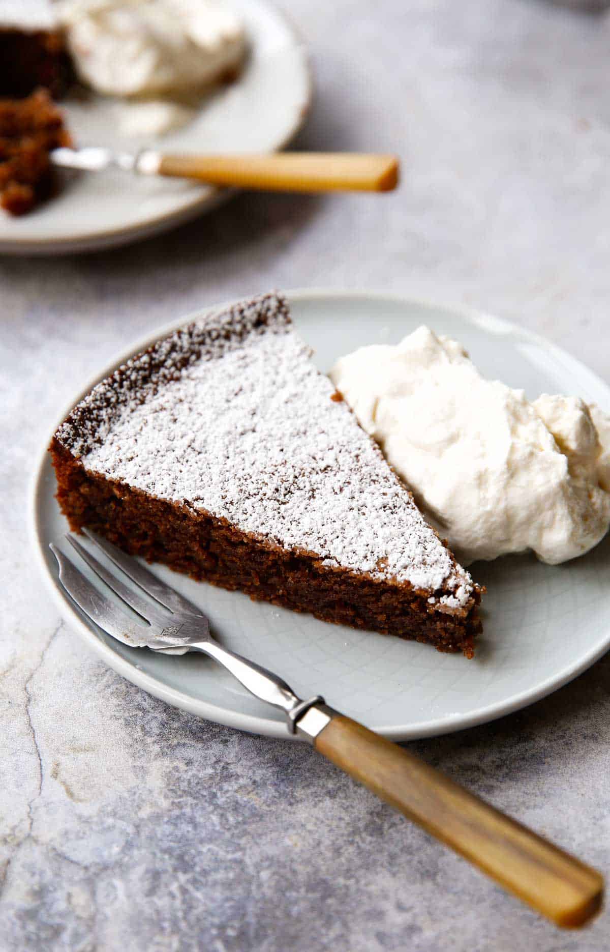 a slice of chocolate cake and whipped cream