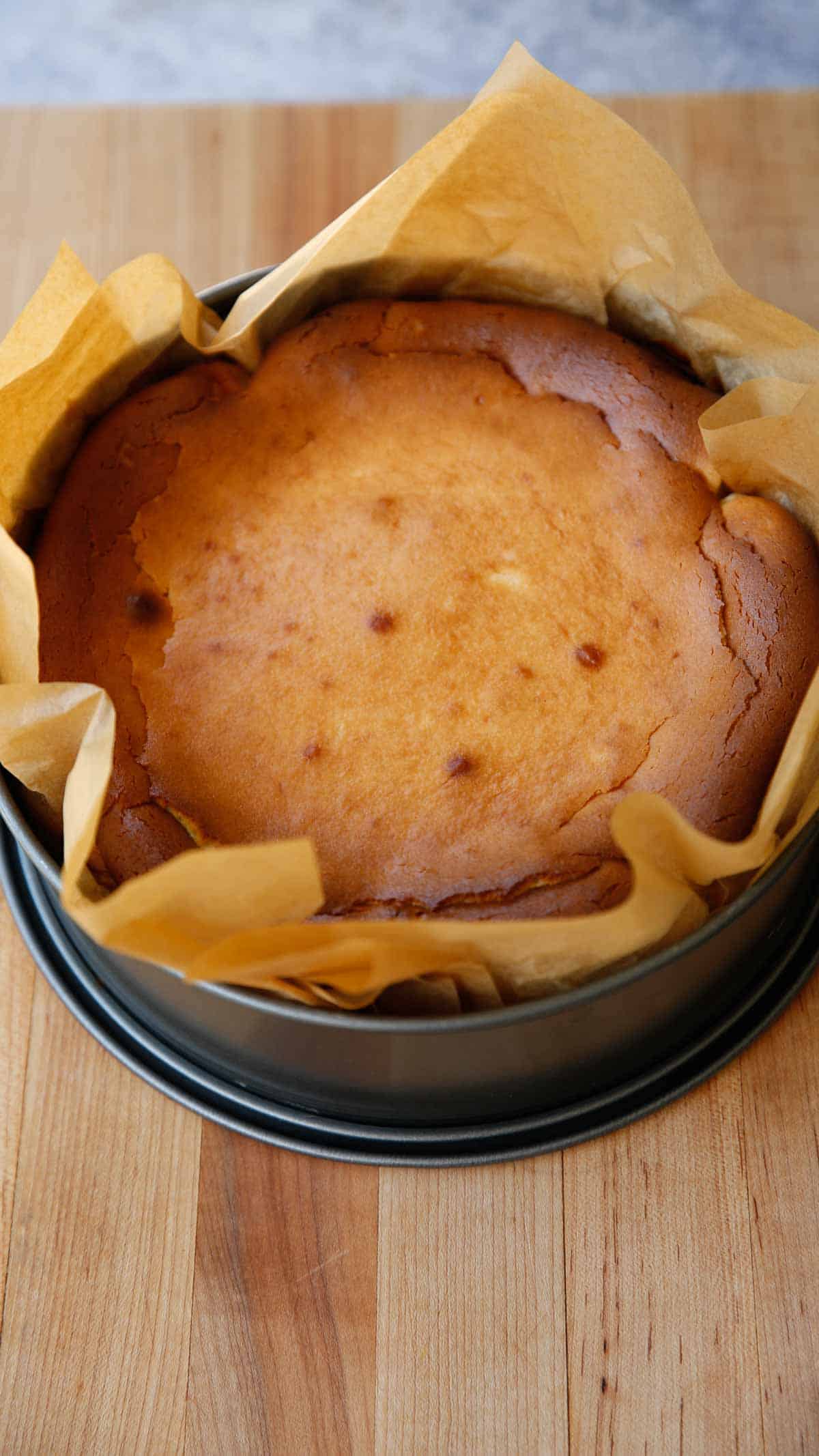 a cheesecake cooling in its tin