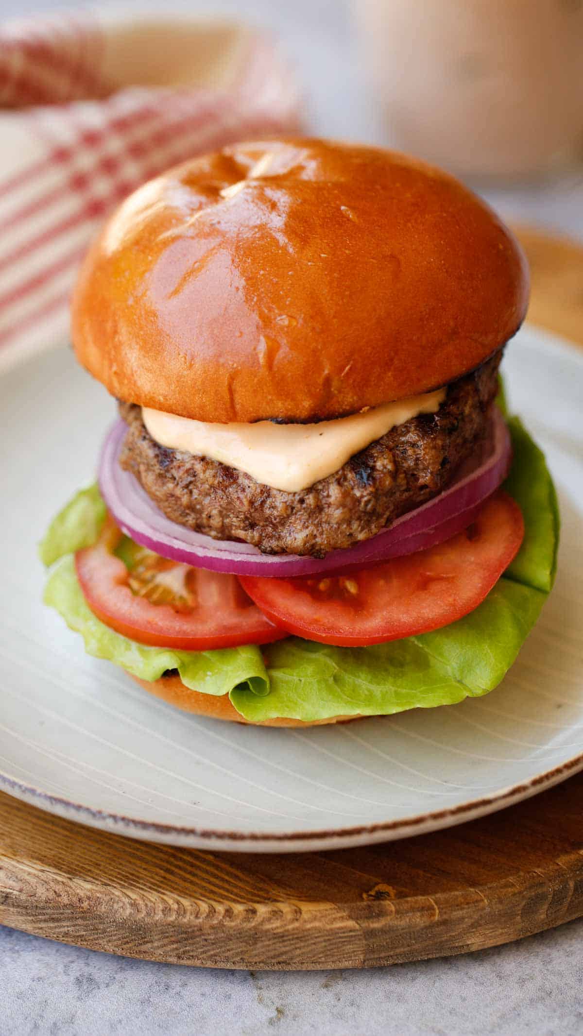 A burger on a plate loaded with lettuce tomato onion and burger sauce