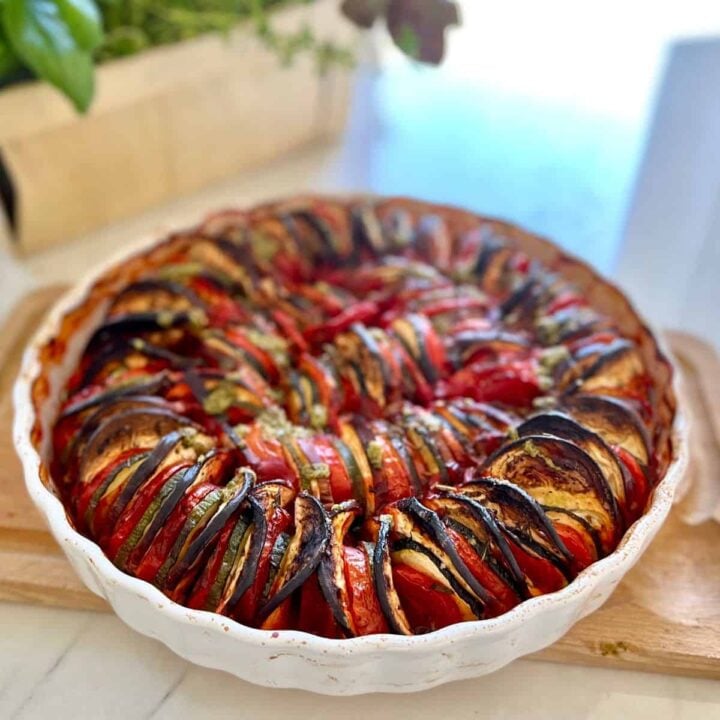 A Provencal Tian Fully Baked on Cutting Board