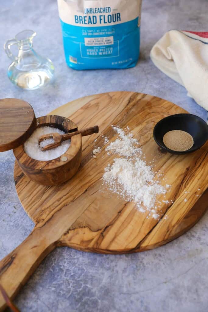 Ingredients for bread making laid out on a counter top
