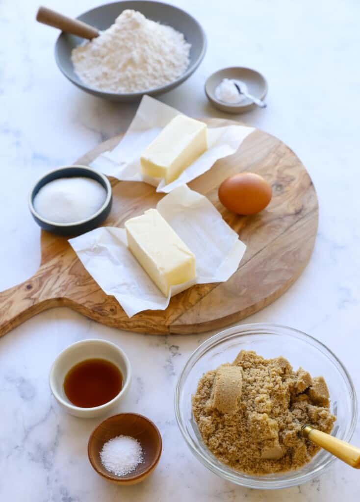Ingredients for cookies laid out on a counter