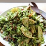 Finished Broccoli Salad with Raisins and almonds on a platter