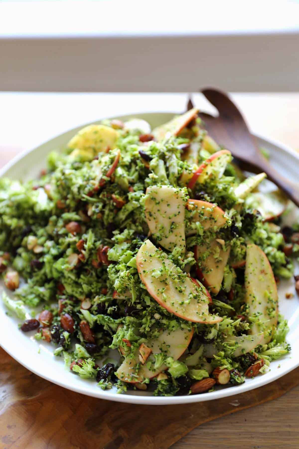 Finished Broccoli Salad with Raisins and almonds on a platter