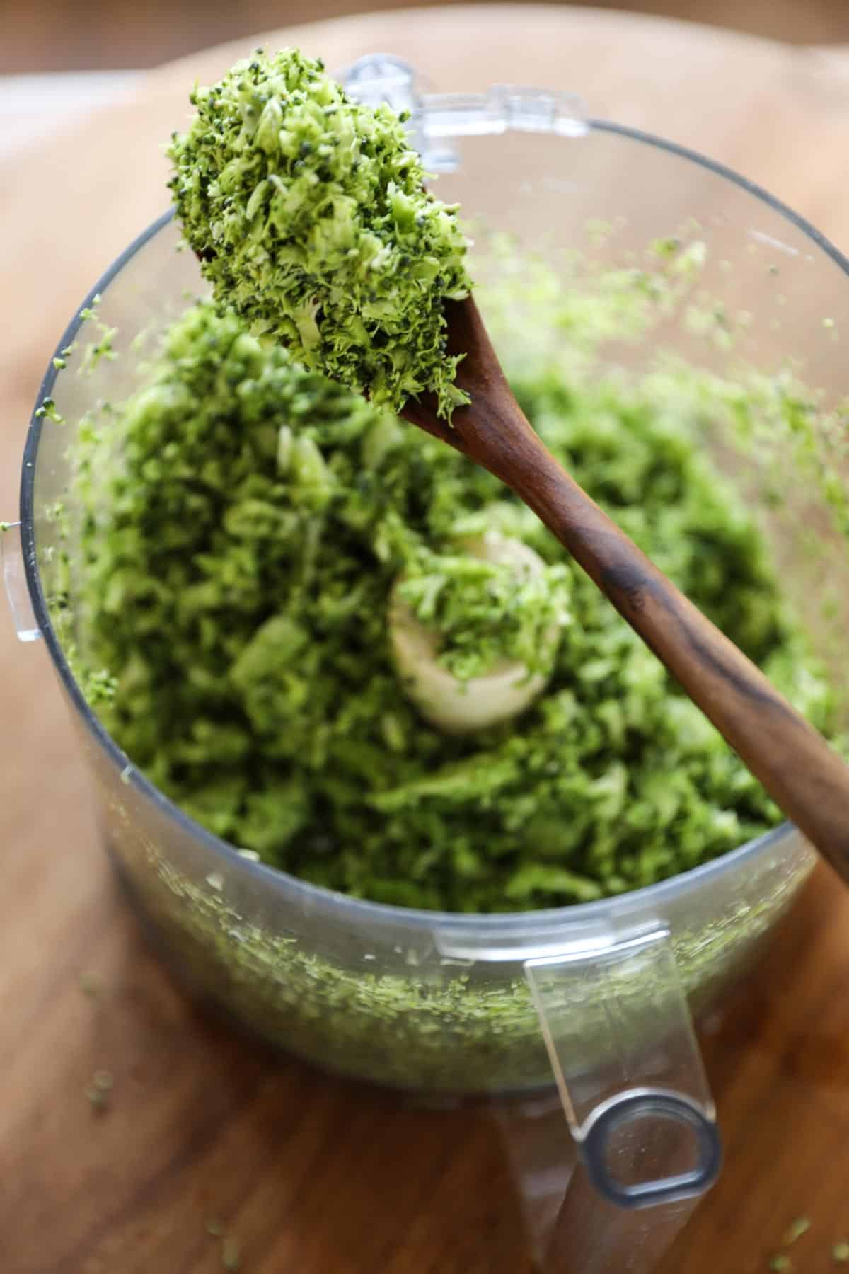 Raw Broccoli pulsed in a food processor
