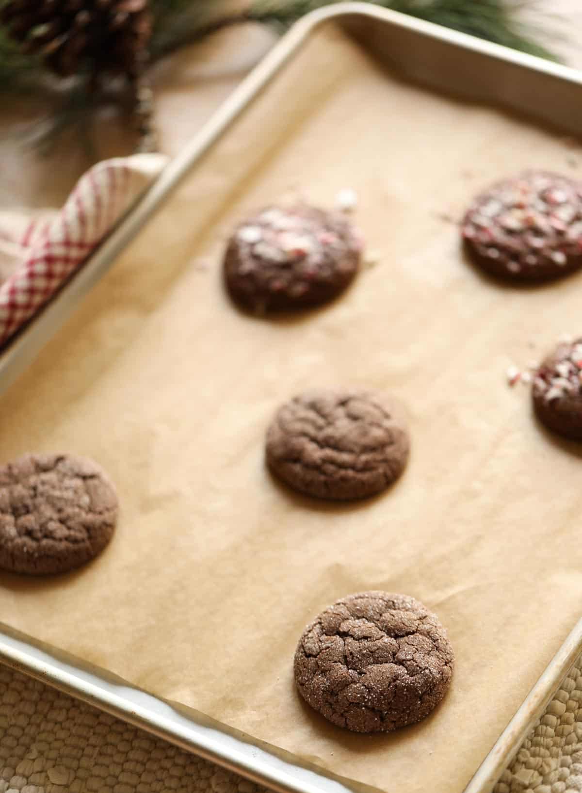 Chocolate cookies cooling on a sheet pan