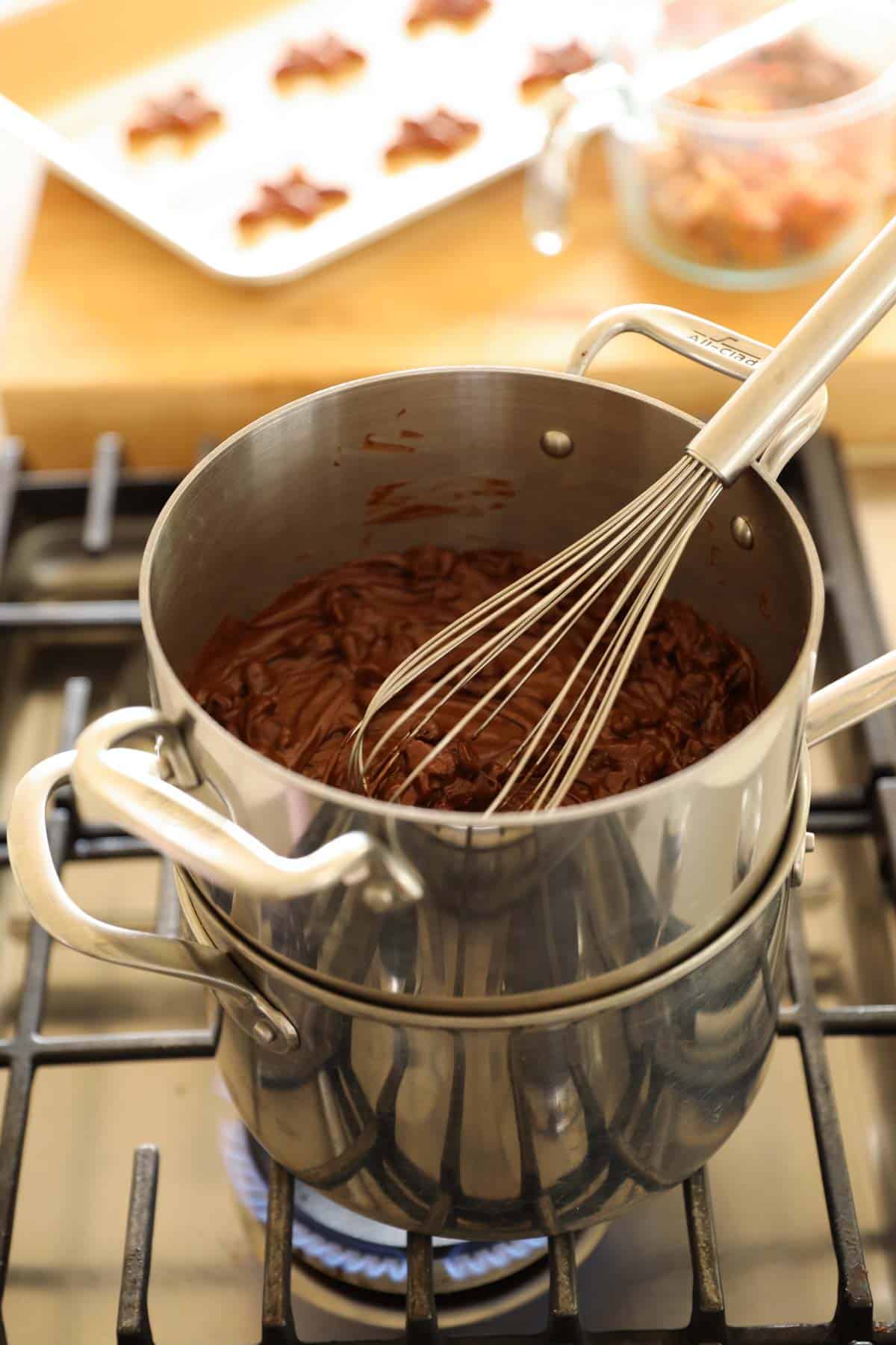 Melting Chocolate chips in a double boiler on a cooktop