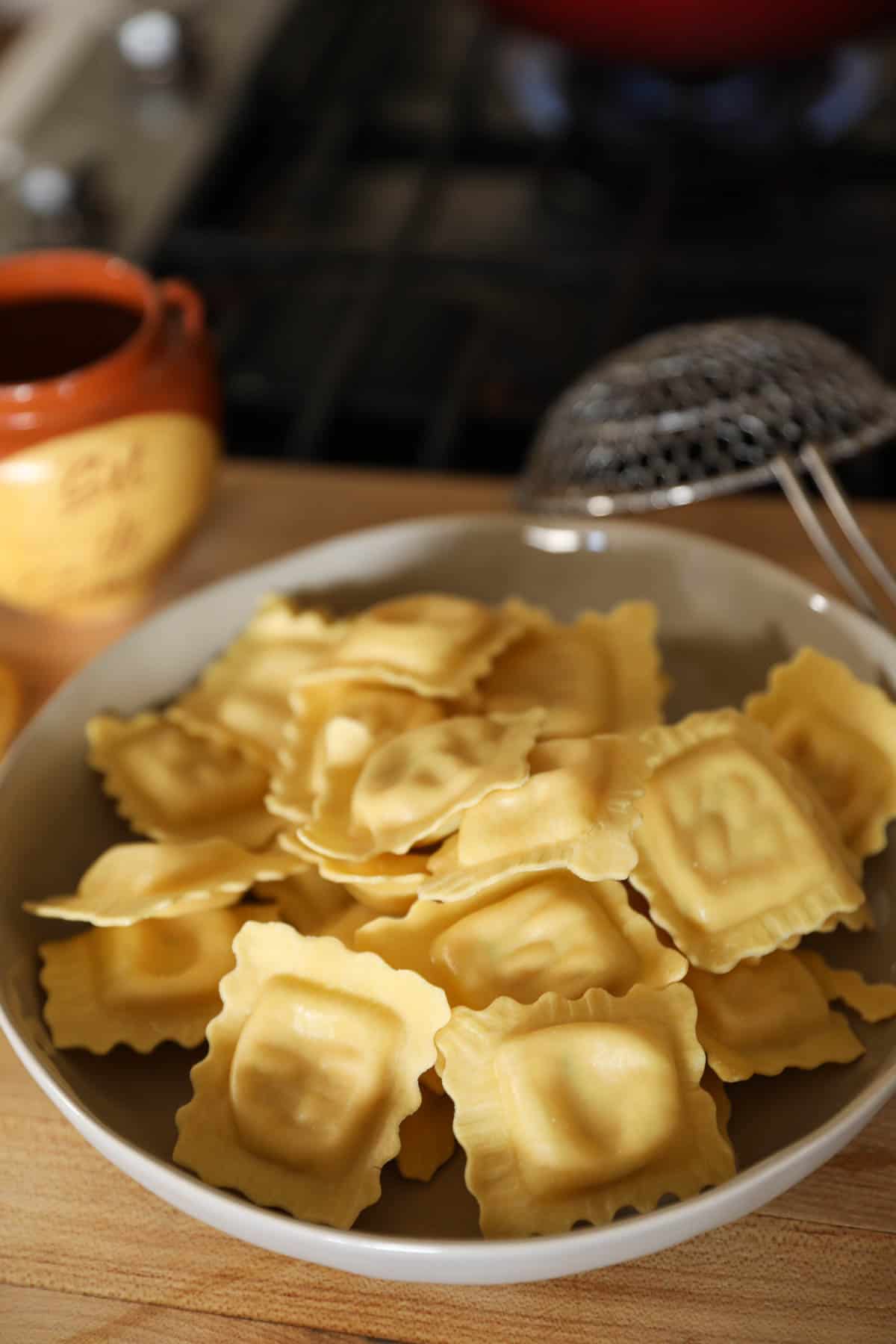 a bowl of lobster ravioli