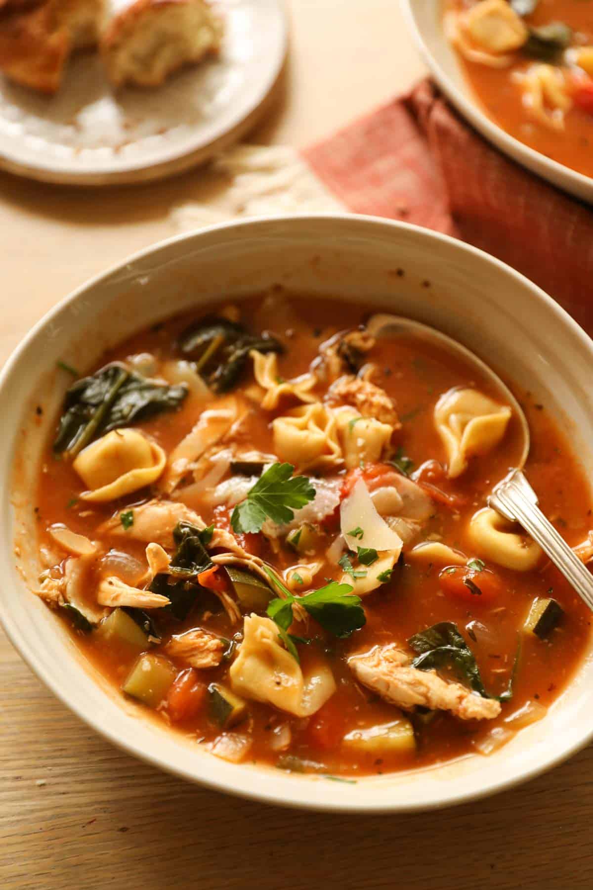 A bowl of chicken Tortellini Soup