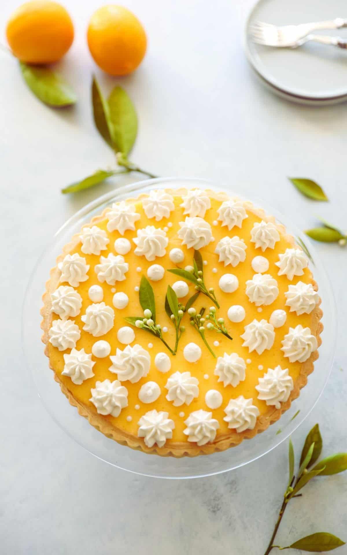 a lemon curd tart with whipped cream dollops and citrus blossoms