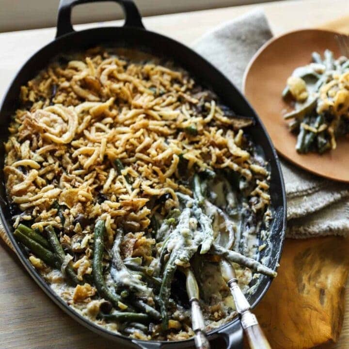 Fresh Green Bean Casserole in a gratin pan with crispy onions