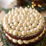 A gingerbread cake on a wooden cake stand with rosemary and cranberry decorations.