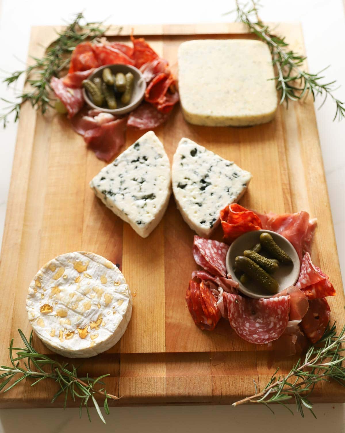 A grazing board with cheese and charcuterie