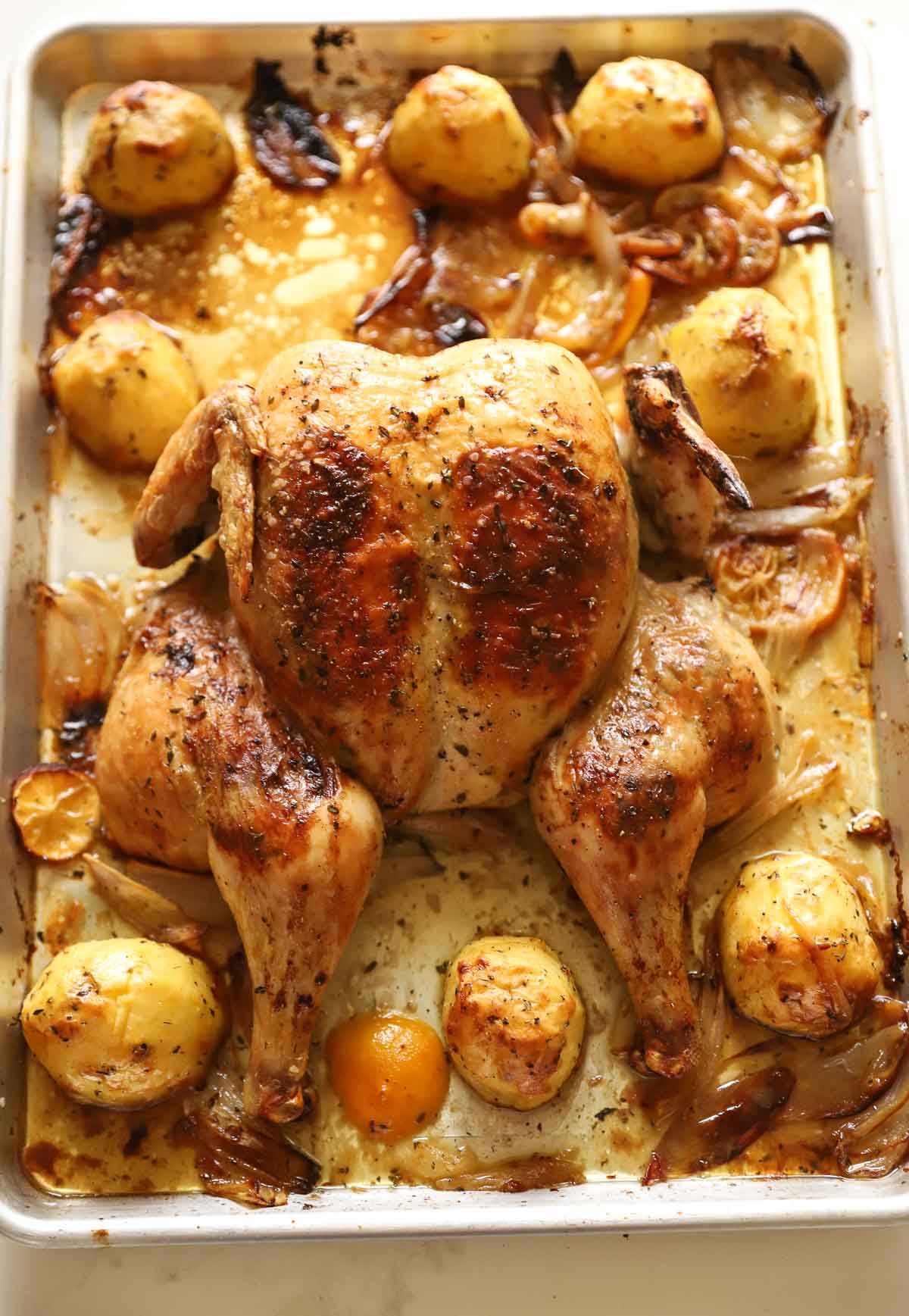 a roasted chicken on a sheet pan with potatoes, shallots and lemon, along with a pan sauce.