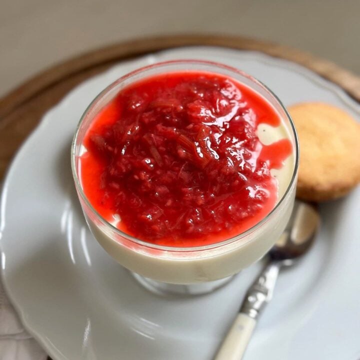 Easy panna cotta recipe topped with a red fruit compote