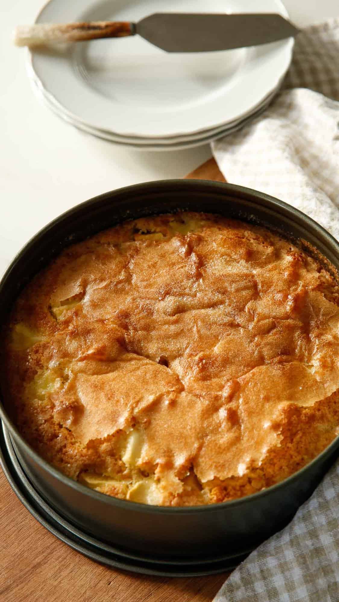 A cake with crackly topping in a cheesecake pan with a stack of plates and a cake server in the background