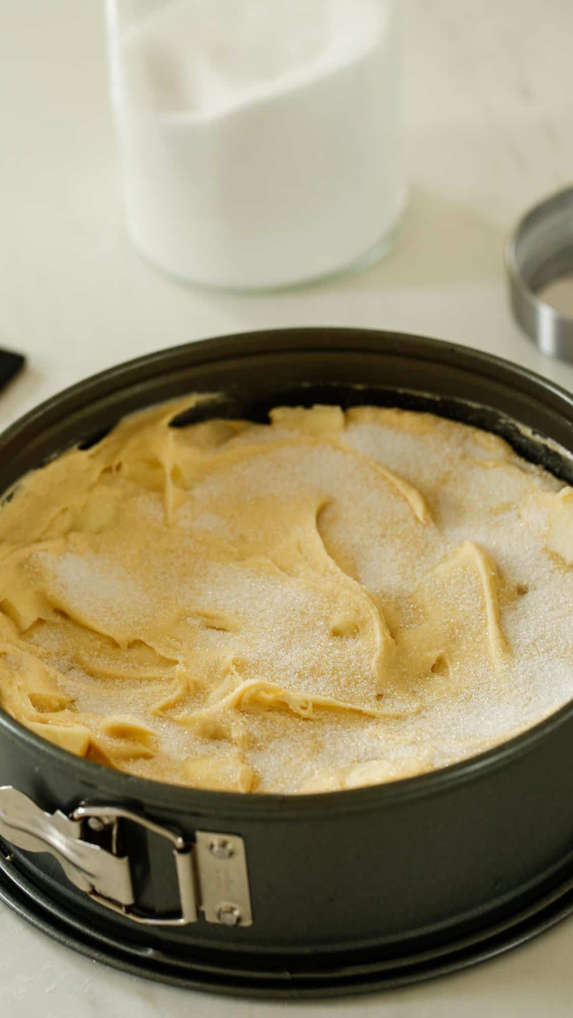 A cheesecake pan filled with apple cake batter and topped with sugar