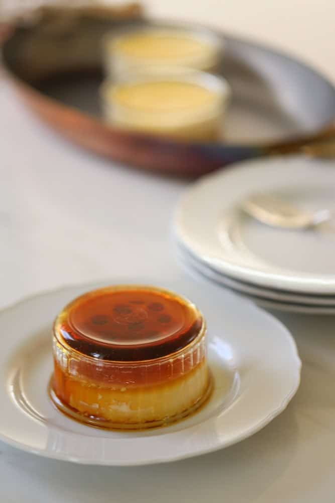 A custard in a ramekin, turned upside down. 