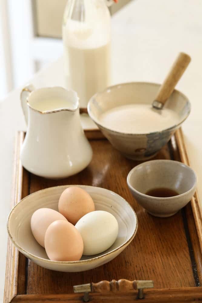 Ingredients for creme caramel recipe laid on a tray