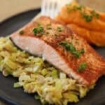 Pan-Seared Salmon with sweet potato puree and creamy leeks.