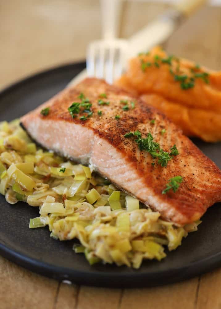 Pan-Seared Salmon with sweet potato puree and creamy leeks.