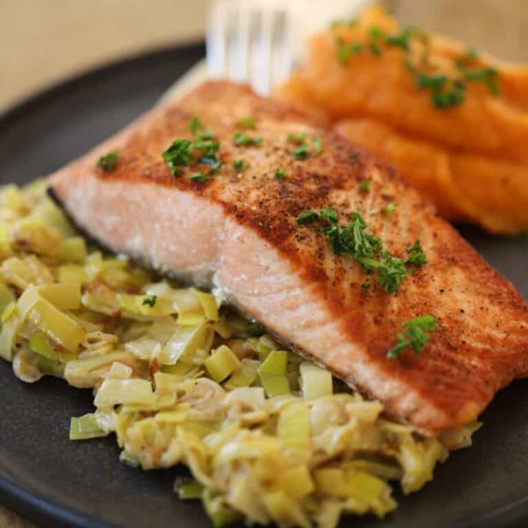 pan seared salmon with creamy leeks and sweet potato puree